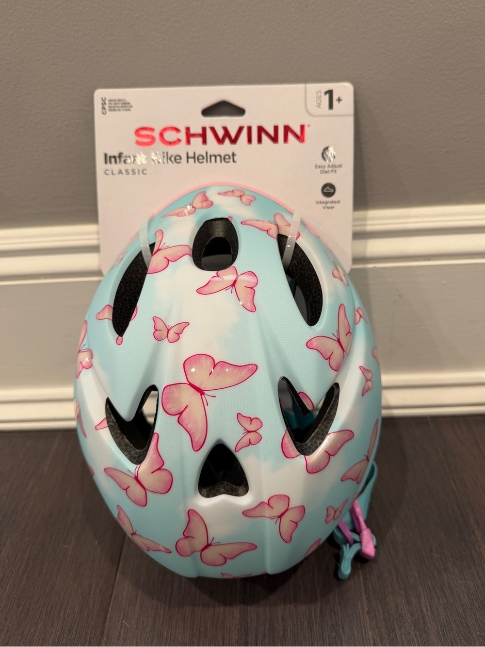 NWT Schwinn Light Blue Helmet with Pink Butterfly Print Infant 1+ Toddler